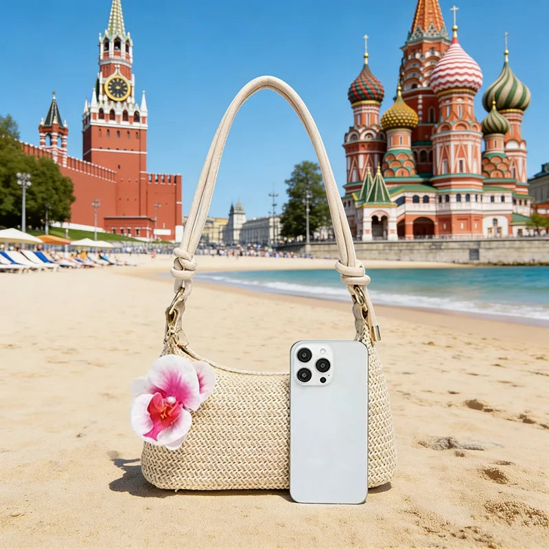 Straw Woven Tote Bag – Summer Shoulder Bag with Flower Pendant for Women