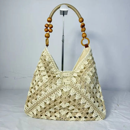 Boho Crochet Woven Tote Bag with Wooden Bead Handle