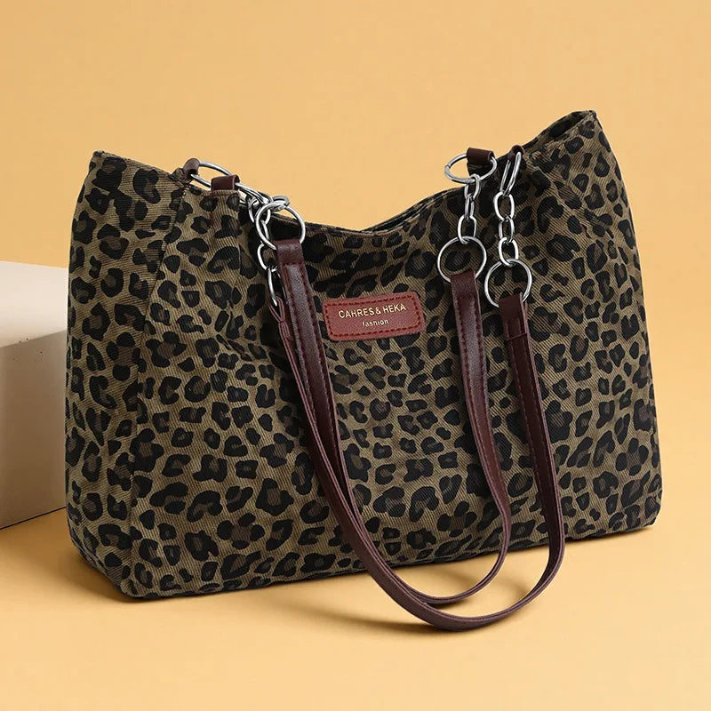 Chic Leopard Print Tote Bag Brown Leather Handles Silver Chain Accent Spacious Handbag Shoulder