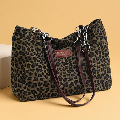 Chic Leopard Print Tote Bag Brown Leather Handles Silver Chain Accent Spacious Handbag Shoulder