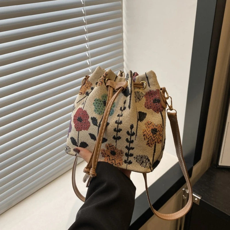 Floral Drawstring Bucket Bag for Women – Boho Crossbody Purse