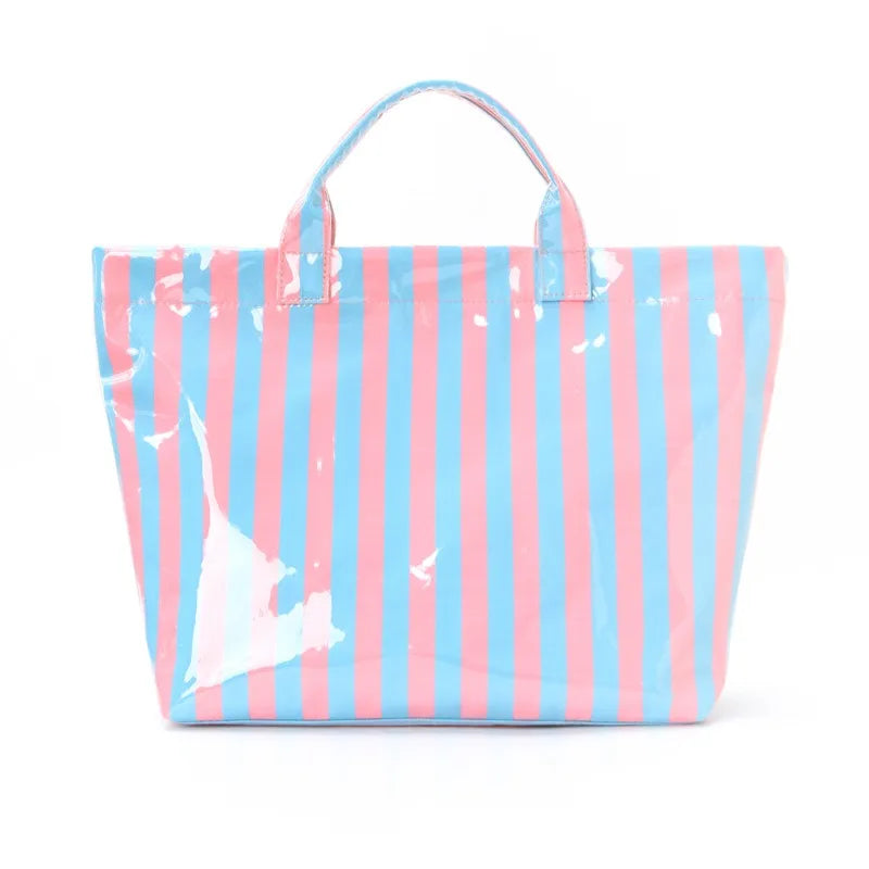 Waterproof Striped Tote Bag – Large Capacity PVC Beach Handbag for Women
