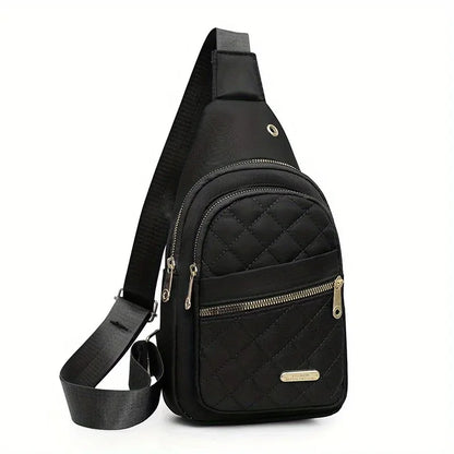 Quilted Sling Bag with Gold Zipper – Multi-Pocket Crossbody