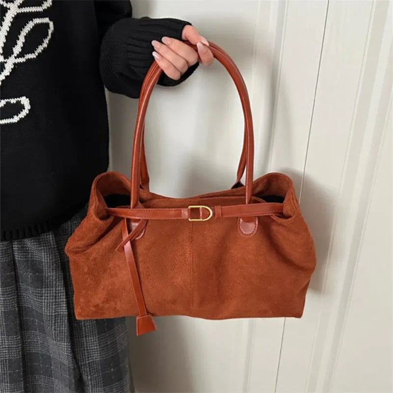 Large Capacity Vintage Faux Suede Shoulder Handbag for Women