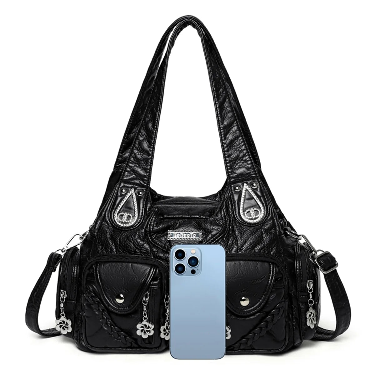 Retro Boho Women Shoulder Bag Solid Woven Rhinestone Crossbody Multi Pocket Large Capacity