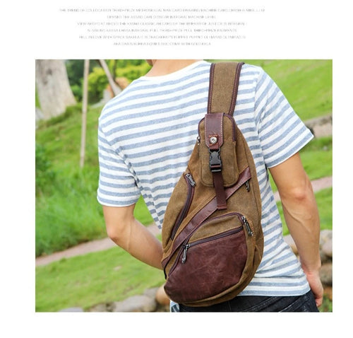 Canvas Leather Patchwork Retro Crossbody Chest Bag Crescent-Shaped Multi-Functional Large-Capacity