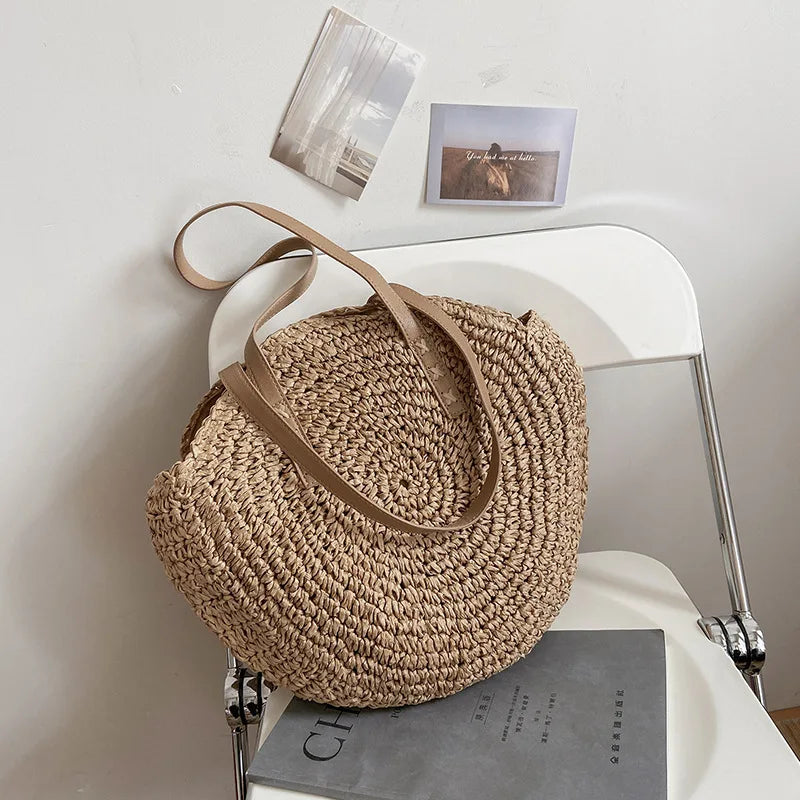 Round Straw Bag Women Handmade Crochet Beach Shoulder Tote