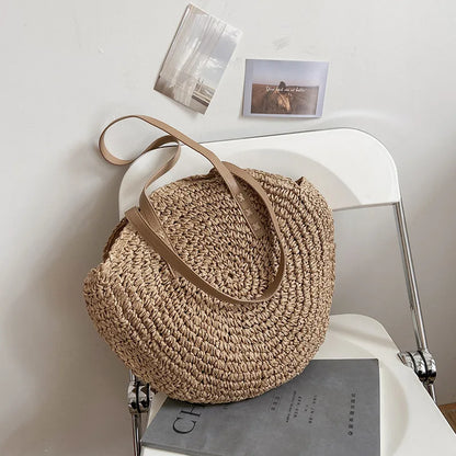 Round Straw Bag Women Handmade Crochet Beach Shoulder Tote