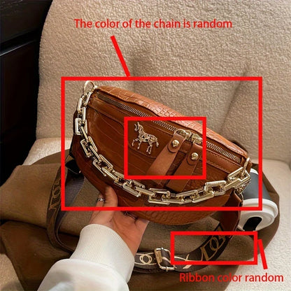 Crocodile Pattern PU Leather Crossbody Bag with Gold Chain Strap