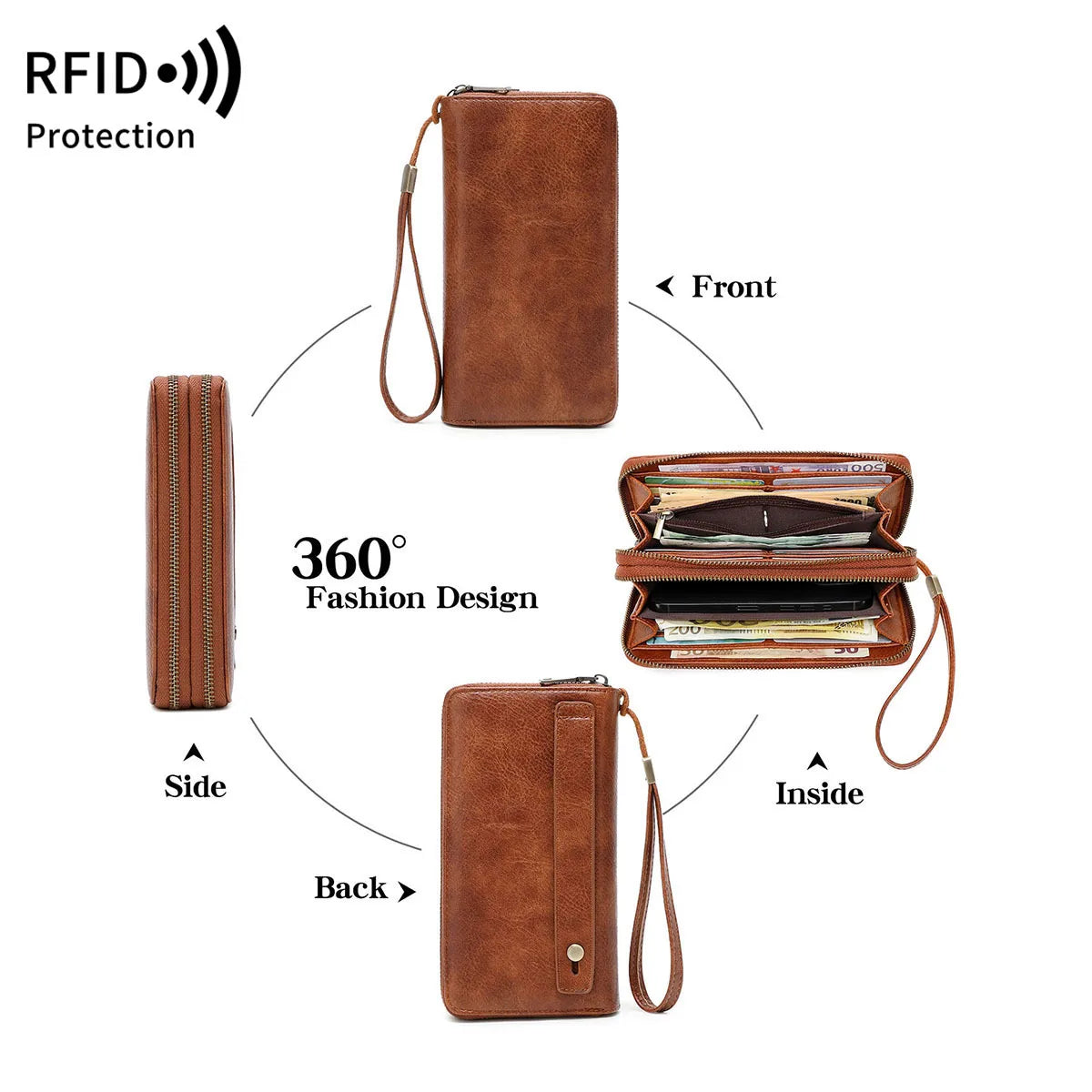 Rfid Men S Business Wallet Double Zipper Long Retro Large Capacity Women Hand