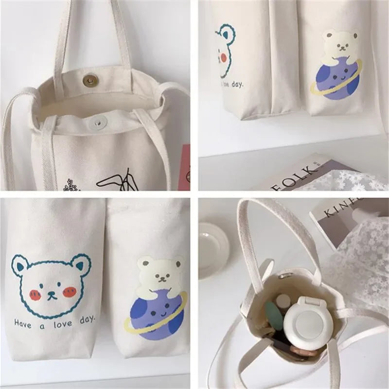 Cute Cartoon Canvas Mini Bucket Tote Bag for Women & Girls