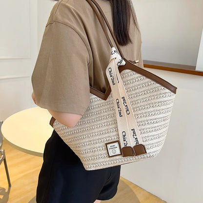 Stylish Straw Leather Tote Bag Ribbon Detail Spacious Perfect Handbag Shoulder Bags Summer Beach