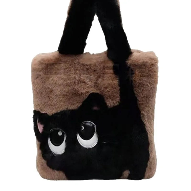 Plush Cat Tote Bag – Kawaii Faux Fur Handbag for Women