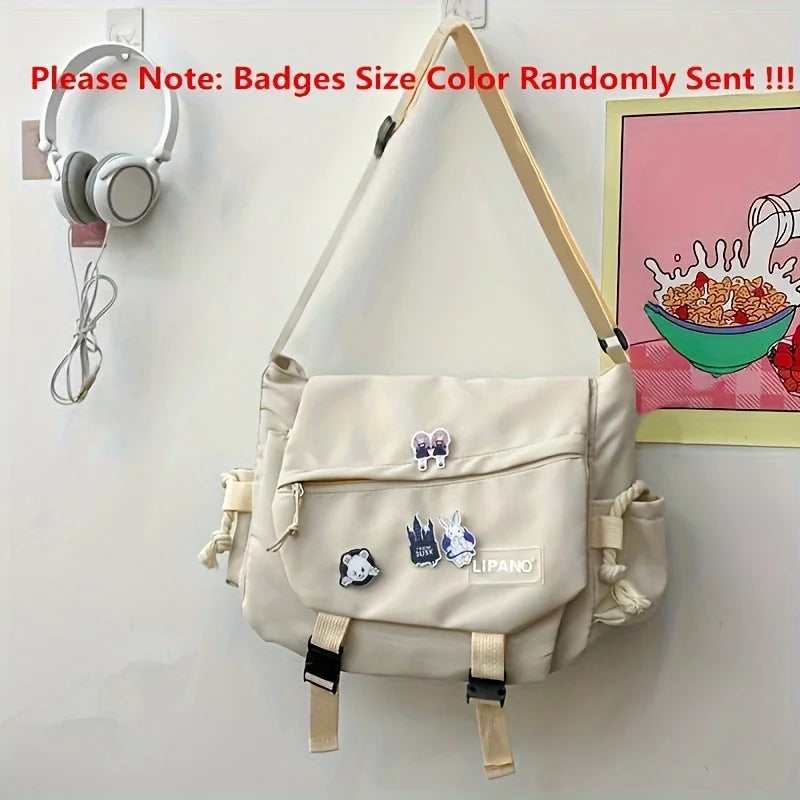 Kawaii Crossbody Messenger Bag with Badge Pins & Bear Pendant
