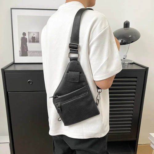 Men S Cowhide Chest Bag Multi-Layered Business Irregular-Shaped Crossbody Bag Genuine Leather Men S