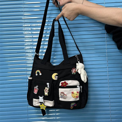 Cute Campus Tote Bag for Teen Girls – Crossbody Shoulder Bag with Badge Pendants