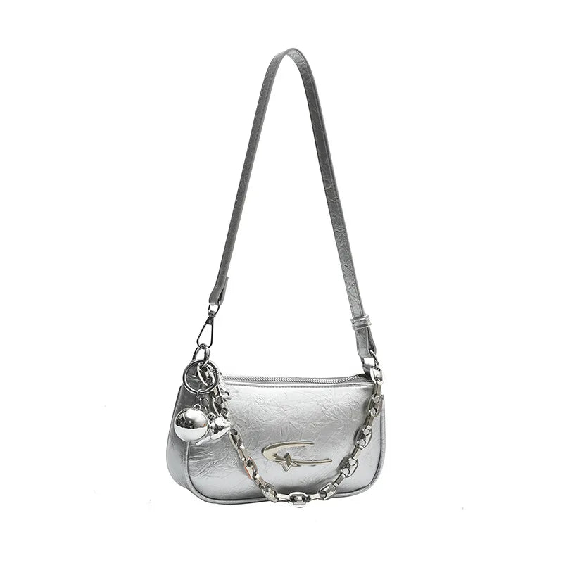 Leather Crossbody Bag with Chunky Chain – Women's Trendy Shoulder Handbag