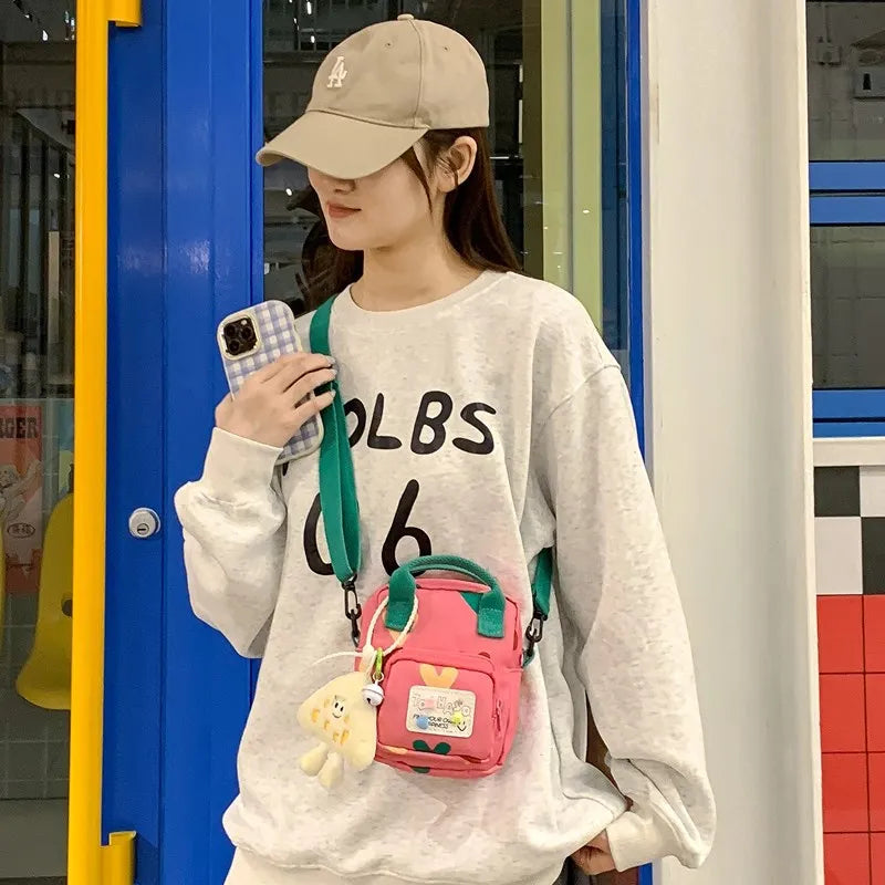 Cute Plush Charm Mini Crossbody Bag Two Tone Canvas Shoulder Purse Adjustable Strap Cartoon Handbag