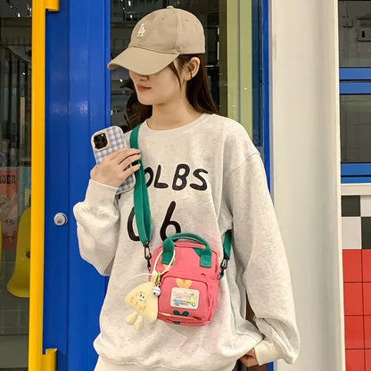 Cute Plush Charm Mini Crossbody Bag Two Tone Canvas Shoulder Purse Adjustable Strap Cartoon Handbag