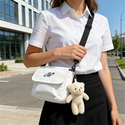 Canvas Crossbody Bag with Embroidery & Pendant - Minimalist Shoulder Handbag