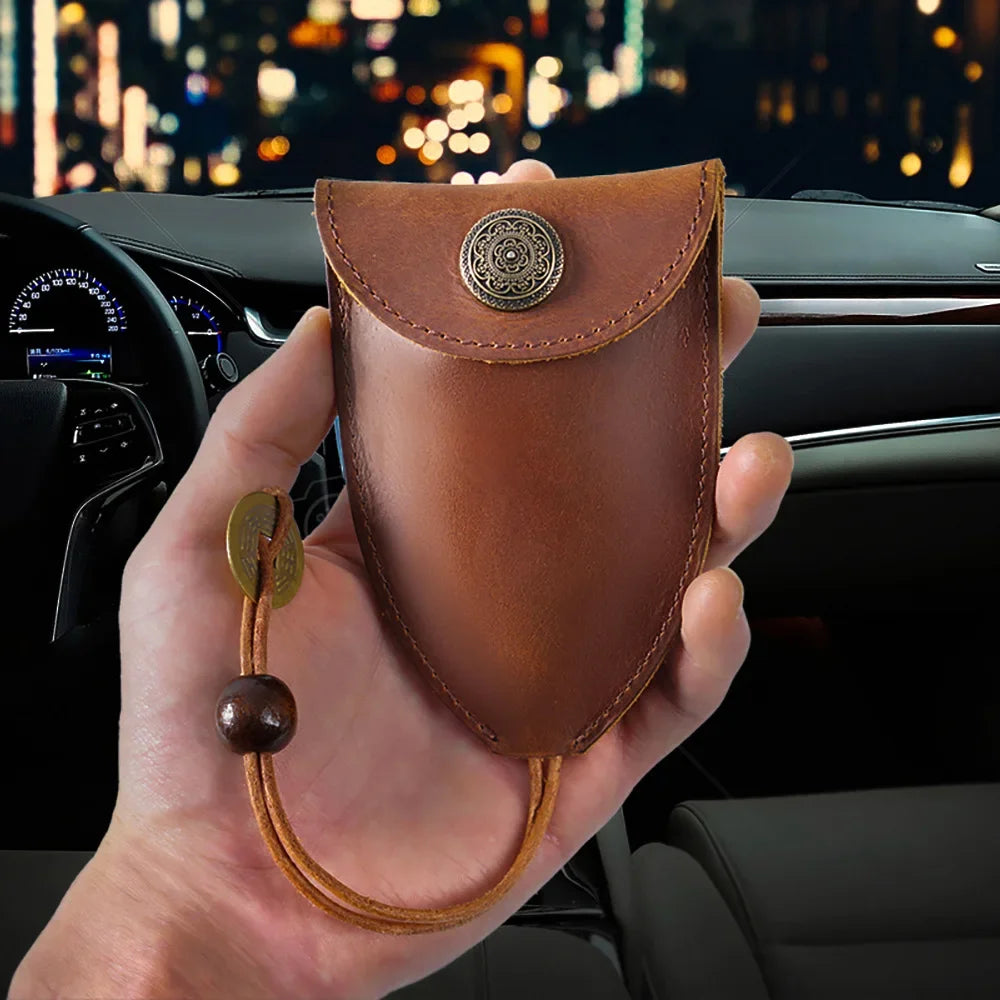 Car Key Bag Vintage Cowhide Crazy Horse Leather Card Hand-Pulled Storage Men Women