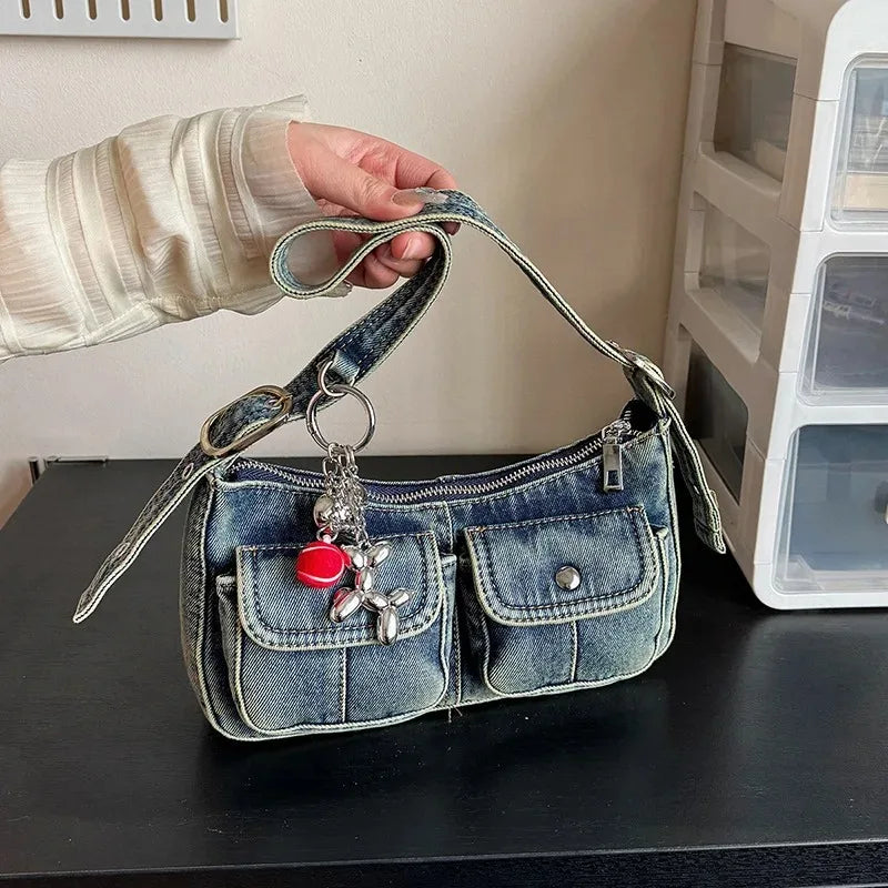 Washed Denim Shoulder Bag Y2K Style with Balloon Dog Charm