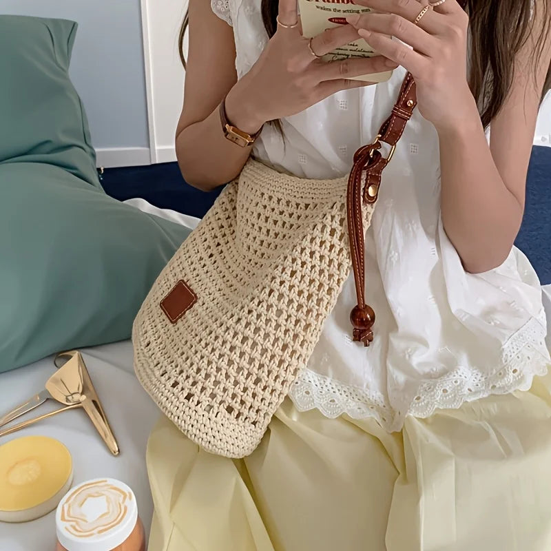 Minimalist Beige Woven Tote Bag Brown Handles Versatile Shoulder Bags