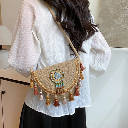 Bohemian Woven Crossbody Bag with Colorful Bead & Tassel