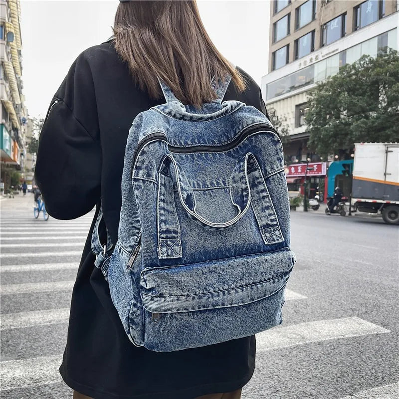 Retro Travel School Bag Students Daily Commute Vintage Washed Denim Backpack
