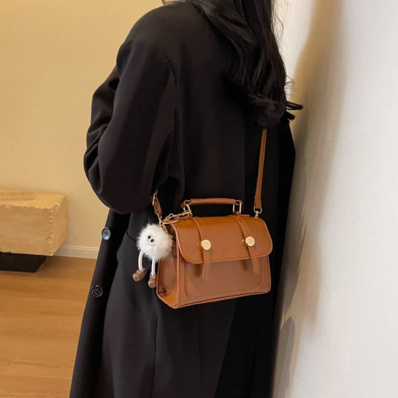 Vintage Crossbody Bag – Faux Leather Shoulder Bag with Plush Charm & Gold Button Detail