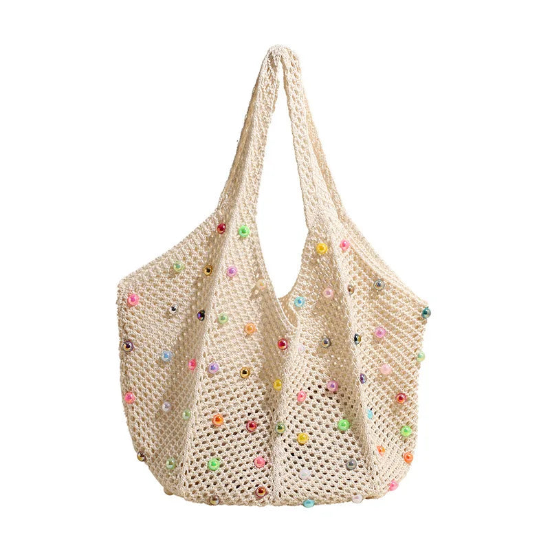 Beaded Crochet Tote Bag – Large Capacity Knit Mesh Shoulder Bag