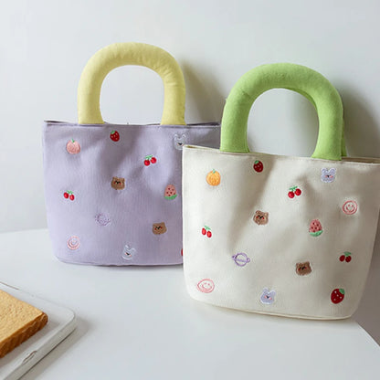 Cute Canvas Mini Handbag with Fruit & Bear Print