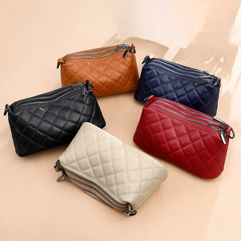 Leather Rhomb Shoulder Bag Women Simple Casual Soft Zipper Large Capacity Cowhide Crossbody - Soft