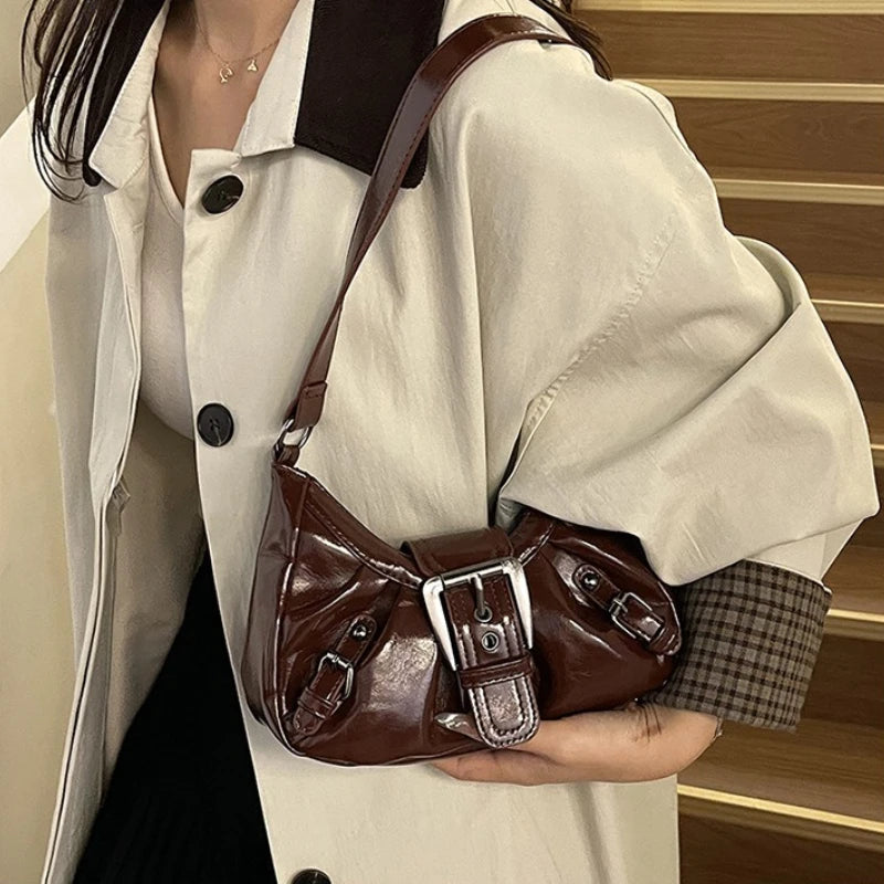 Simple Leather Shoulder Bag Big Metal Buckle Decor Side Strap Details Underarm Adjustable Wide Y2k