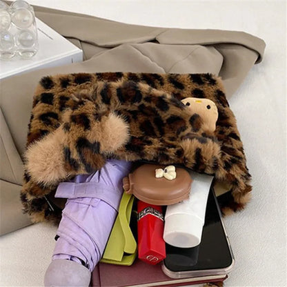Leopard Print Plush Handbag Soft Fluffy Tote Bag Stylish Shoulder Bags Women Daily Use Friends