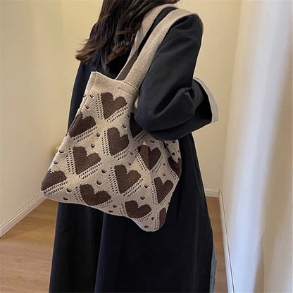Love Pattern Handbag Knitted Women S Bag Large Capacity Weaving Tote Street Trend Shopping Shoulder