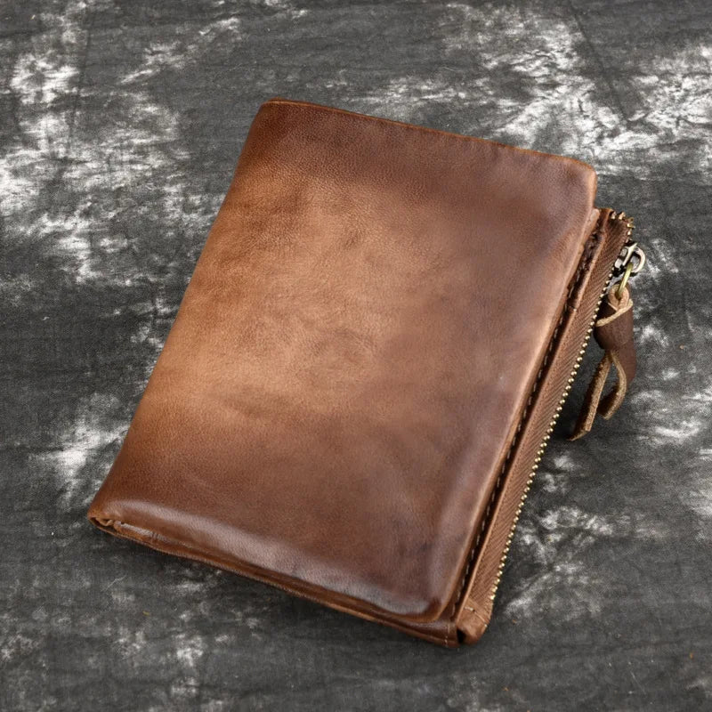 Genuine Leather Coin Pocket Card Holder Retro Double-Zipper Men S Wallet