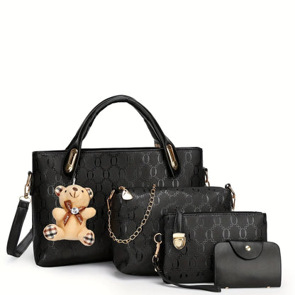 4-Piece Women's Geometric Pattern Handbag Set with Crossbody & Clutch