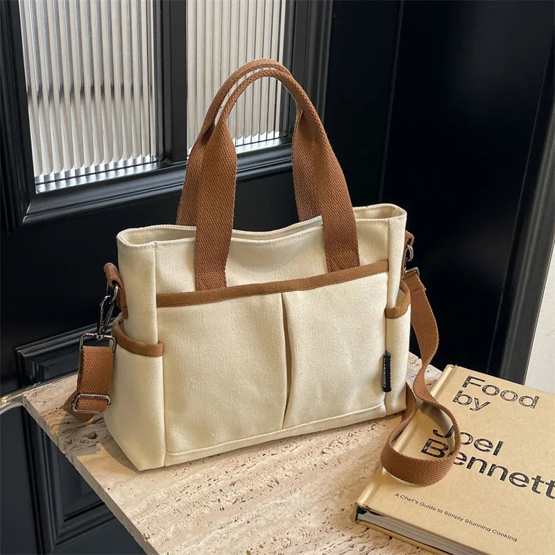 Canvas Tote Bag with Crossbody Strap & Multi-Pocket