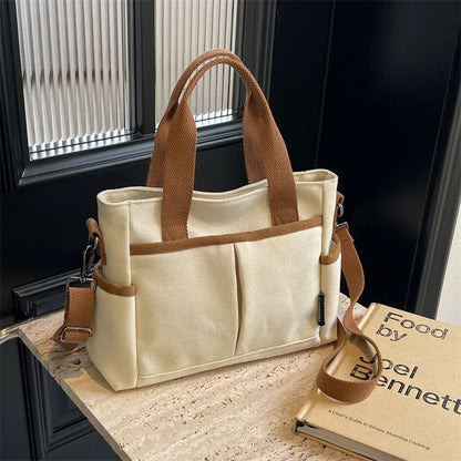 Canvas Tote Bag with Crossbody Strap & Multi-Pocket