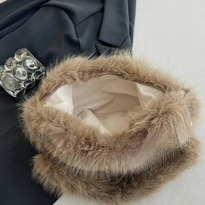 Faux Fur Tote Bag with Pearl Chain Strap – Chic Underarm Shoulder Handbag