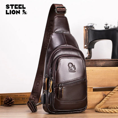 Large-Capacity Genuine Leather Men S Single-Shoulder Crossbody Usb Chest Bag Top Layer Cowhide