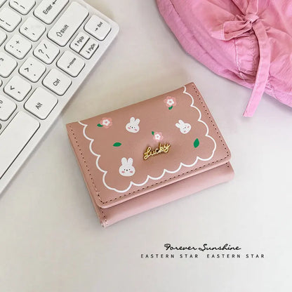 Cute Rabbit Girl Student Cartoon Short Three Folding Wallet Printed Anime Change Kawaii