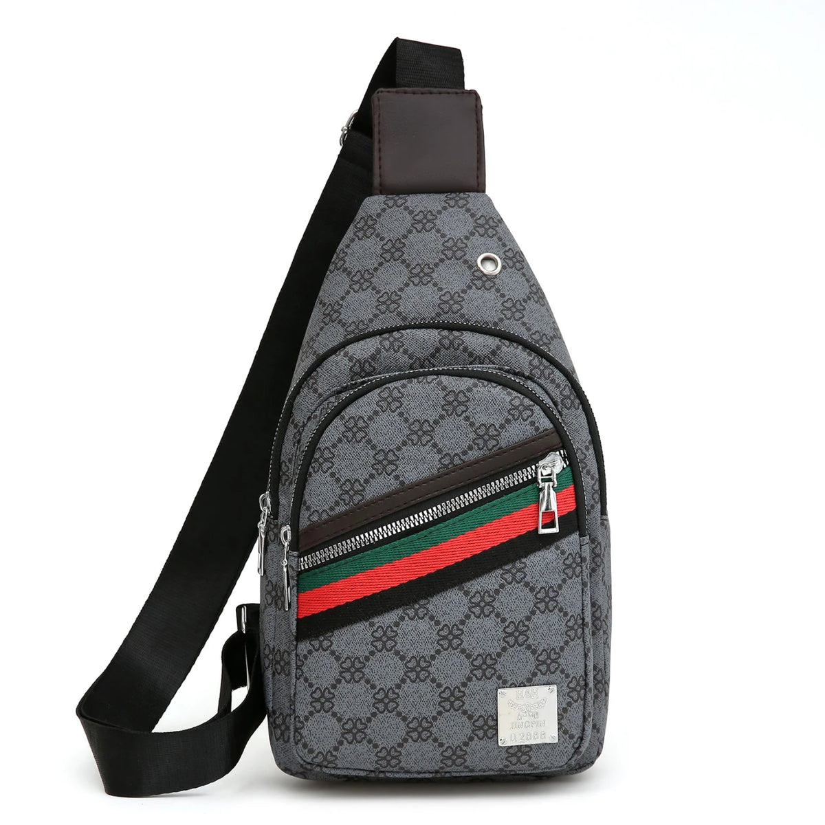 Sporty Functional Chest Bag Men Women Geometric Print Multi-Pocket Pu Headphone Port Shoulder