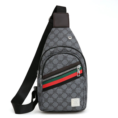 Sporty Functional Chest Bag Men Women Geometric Print Multi-Pocket Pu Headphone Port Shoulder
