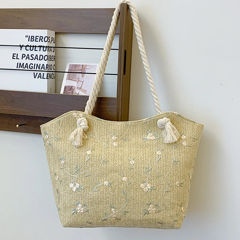 Spring Summer Styles Beach Straw Woven Women Shoulder Bag Flower Embroidery Handbags Large Capacity