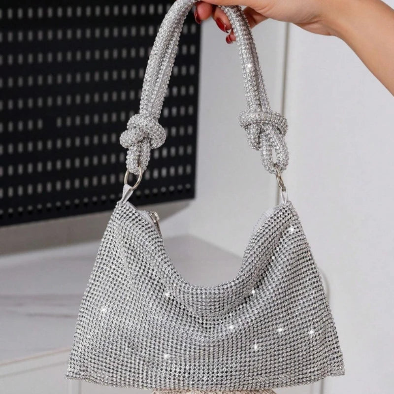 Rhinestone Embellished Shoulder Bags Sparkly Crystal Evening Purse Knotted Handle Parties Occasions