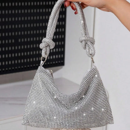 Rhinestone Embellished Shoulder Bags Sparkly Crystal Evening Purse Knotted Handle Parties Occasions