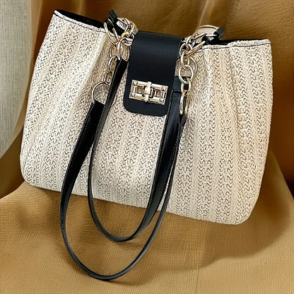 Straw Woven Tote Bag with Chain Leather Strap for Women