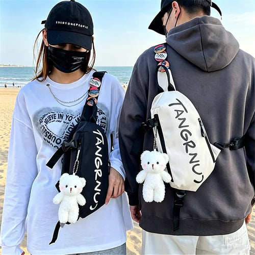 Crossbody Sling Chest Bag with Badge & Bear Pendant – Unisex